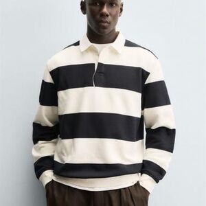 Zara XL long sleeve Navy and White Striped Rugby Polo